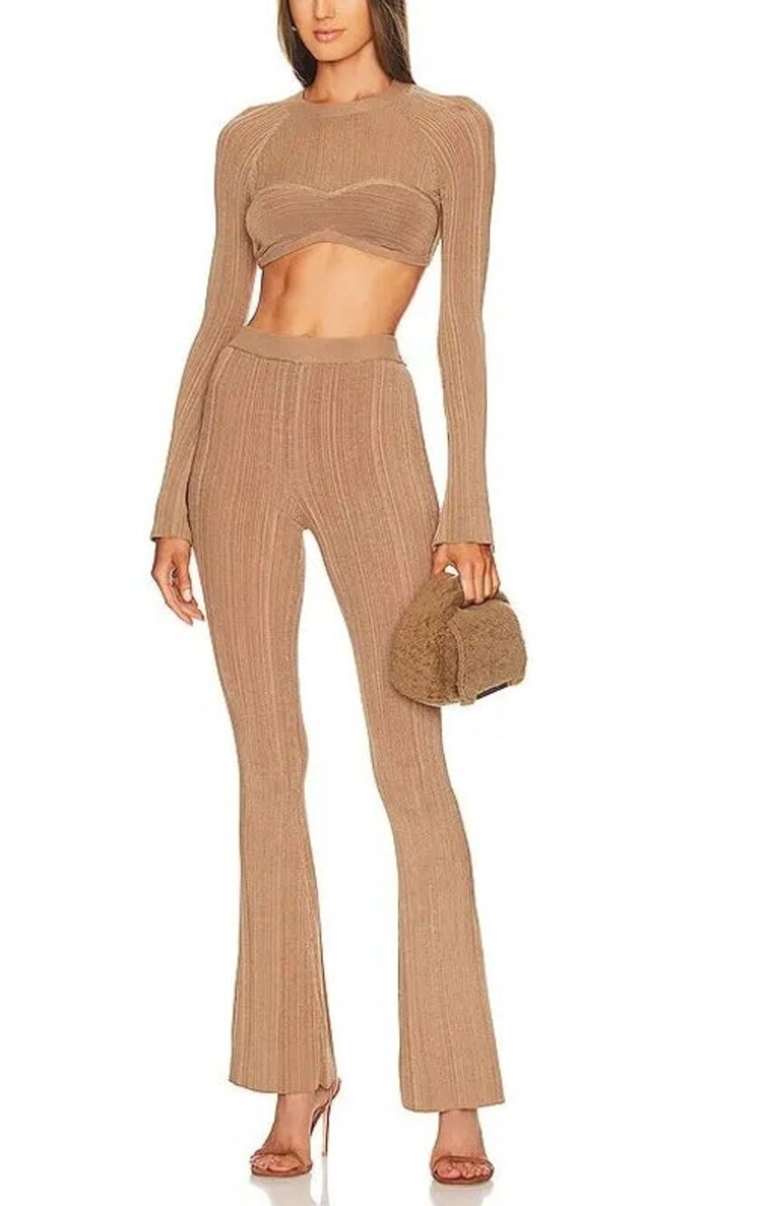 Michael Costello x REVOLVE Kadri Crop Ribbed Knit Top & Kadri Pant Set Brown S
